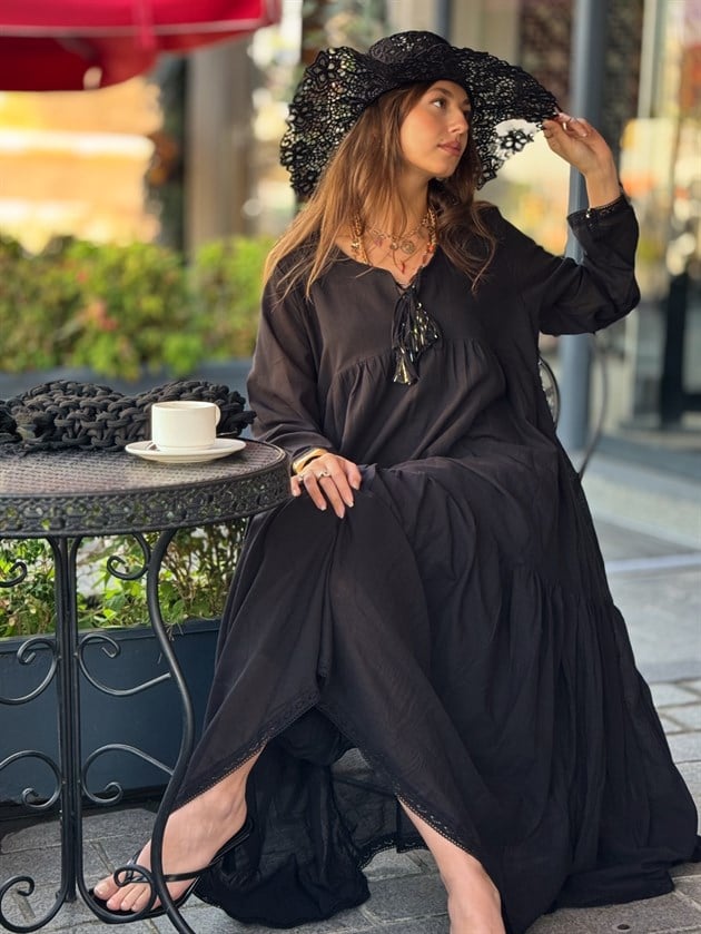 AN10756 DIANA PÜSKÜL DETAYLI HAM BOHEM ELBİSE
