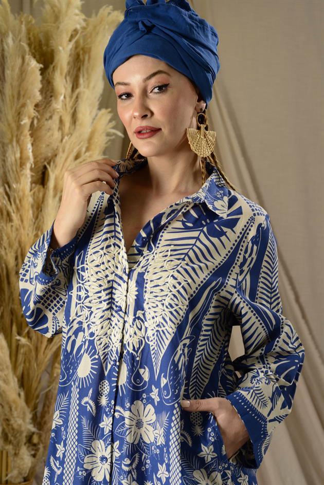 AN113-1 MARIN NAKIŞ DETAYLI GÖMLEK ELBİSE