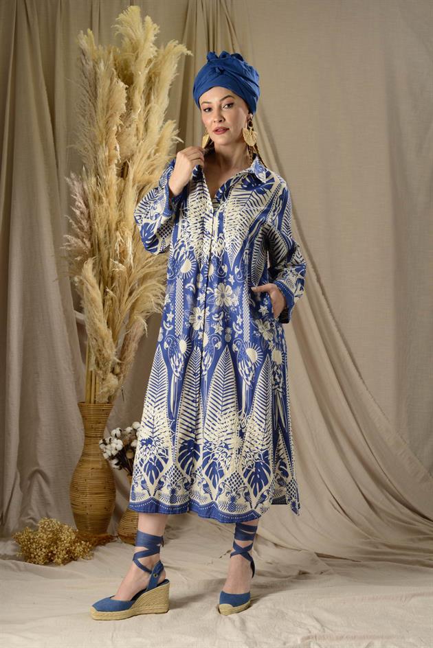 AN113-1 MARIN NAKIŞ DETAYLI GÖMLEK ELBİSE