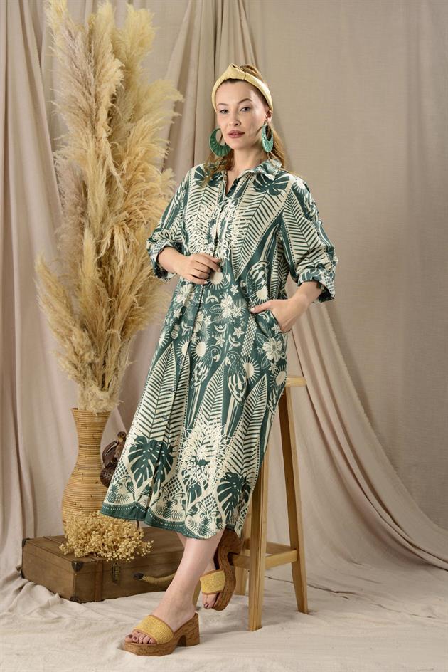 AN113-1 MARIN NAKIŞ DETAYLI GÖMLEK ELBİSE