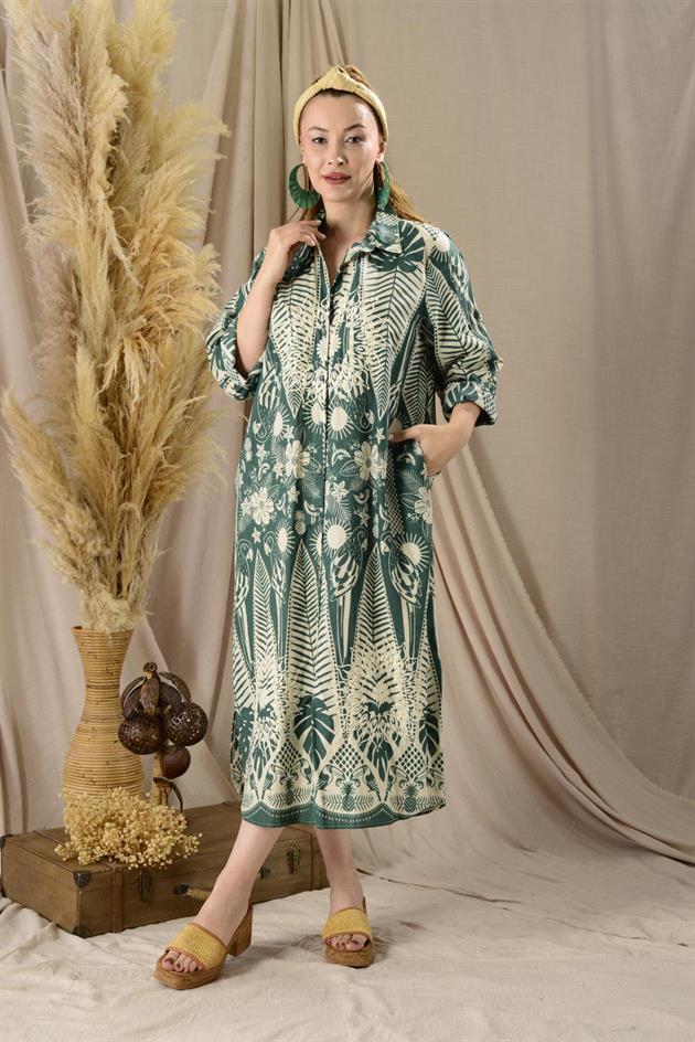 AN113-1 MARIN NAKIŞ DETAYLI GÖMLEK ELBİSE