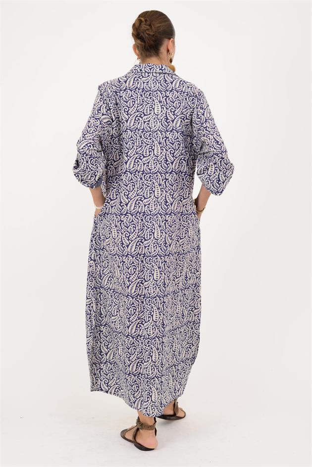 AN113 MARIN GARNİ DETAYLI ŞAL DESEN GÖMLEK ELBİSE