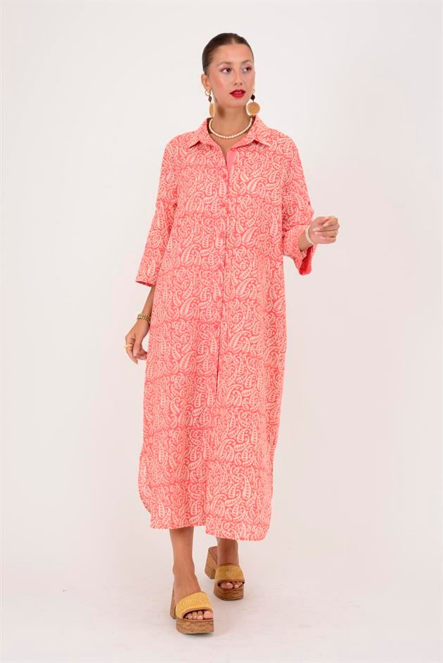 AN113 MARIN GARNİ DETAYLI ŞAL DESEN GÖMLEK ELBİSE