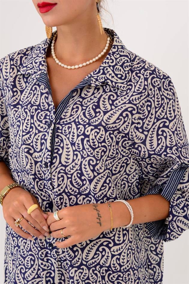 AN113 MARIN GARNİ DETAYLI ŞAL DESEN GÖMLEK ELBİSE