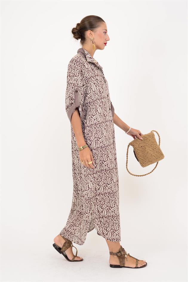 AN113 MARIN GARNİ DETAYLI ŞAL DESEN GÖMLEK ELBİSE