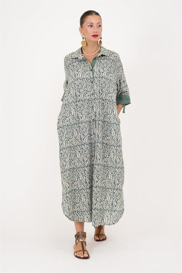 AN113 MARIN GARNİ DETAYLI ŞAL DESEN GÖMLEK ELBİSE