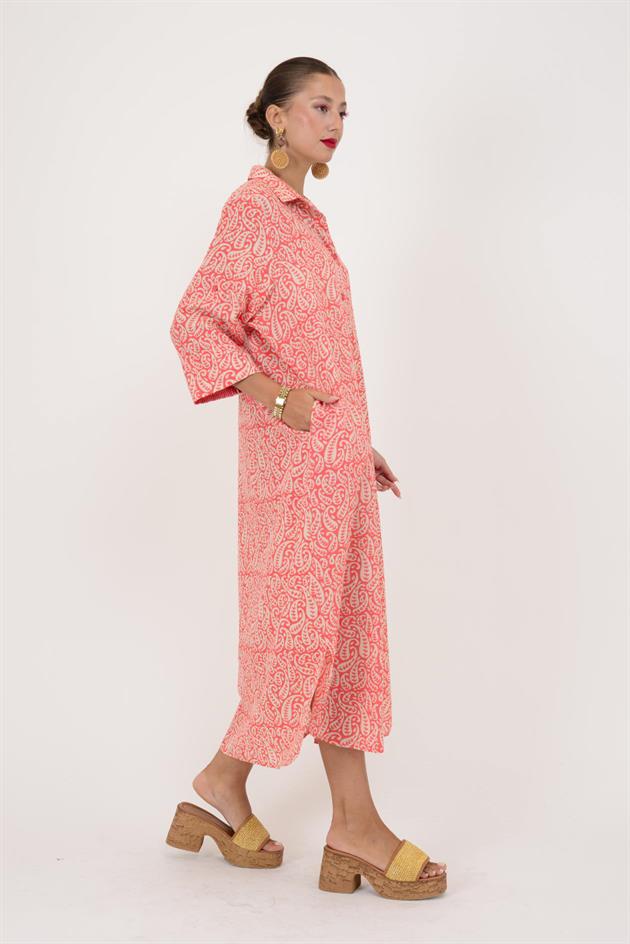 AN113 MARIN GARNİ DETAYLI ŞAL DESEN GÖMLEK ELBİSE