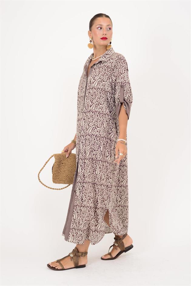 AN113 MARIN GARNİ DETAYLI ŞAL DESEN GÖMLEK ELBİSE