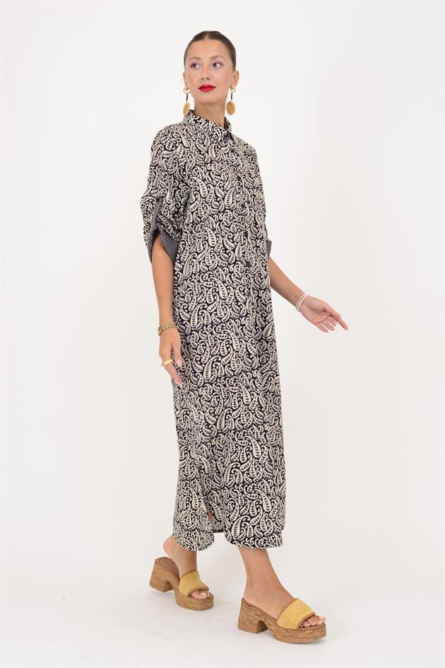 AN113 MARIN GARNİ DETAYLI ŞAL DESEN GÖMLEK ELBİSE