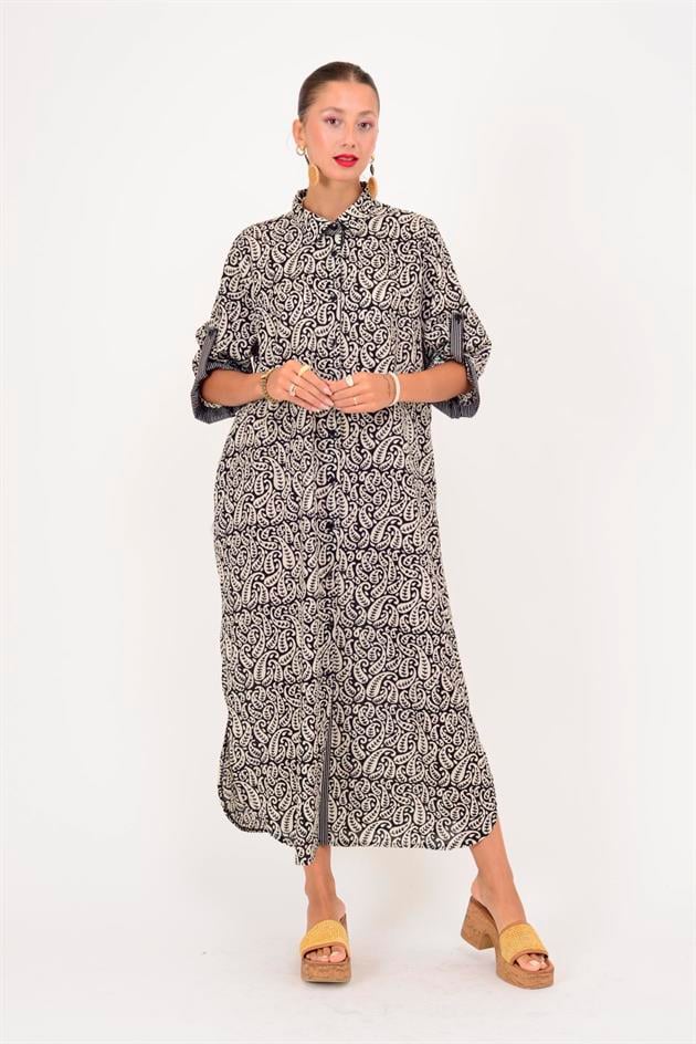 AN113 MARIN GARNİ DETAYLI ŞAL DESEN GÖMLEK ELBİSE