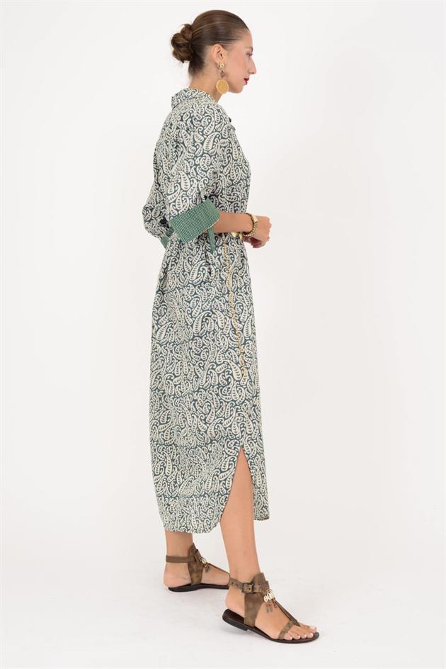 AN113 MARIN GARNİ DETAYLI ŞAL DESEN GÖMLEK ELBİSE