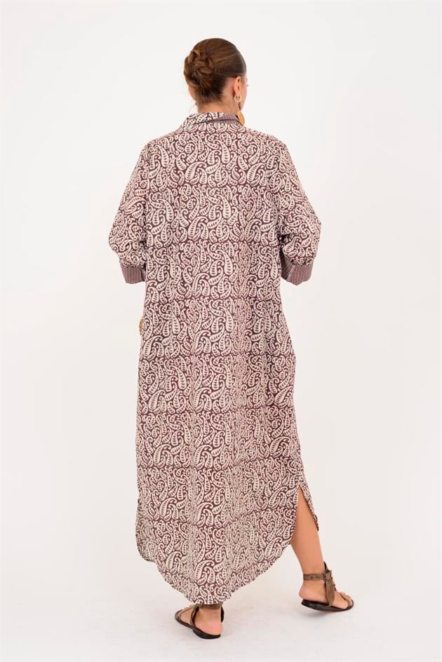 AN113 MARIN GARNİ DETAYLI ŞAL DESEN GÖMLEK ELBİSE