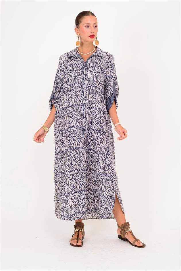 AN113 MARIN GARNİ DETAYLI ŞAL DESEN GÖMLEK ELBİSE