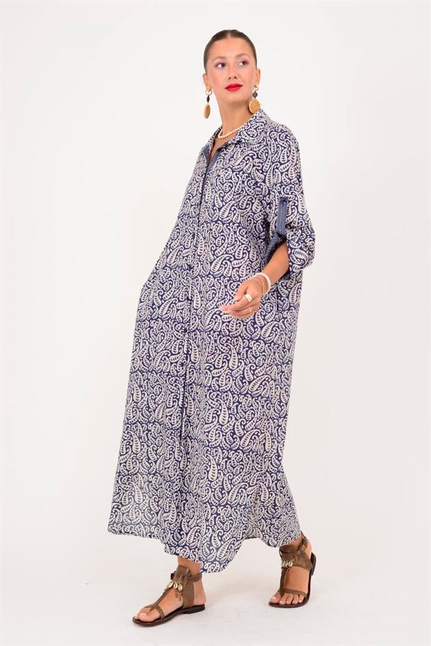 AN113 MARIN GARNİ DETAYLI ŞAL DESEN GÖMLEK ELBİSE