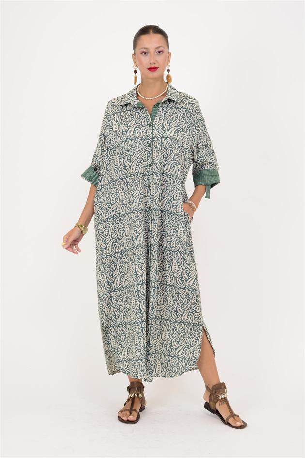 AN113 MARIN GARNİ DETAYLI ŞAL DESEN GÖMLEK ELBİSE