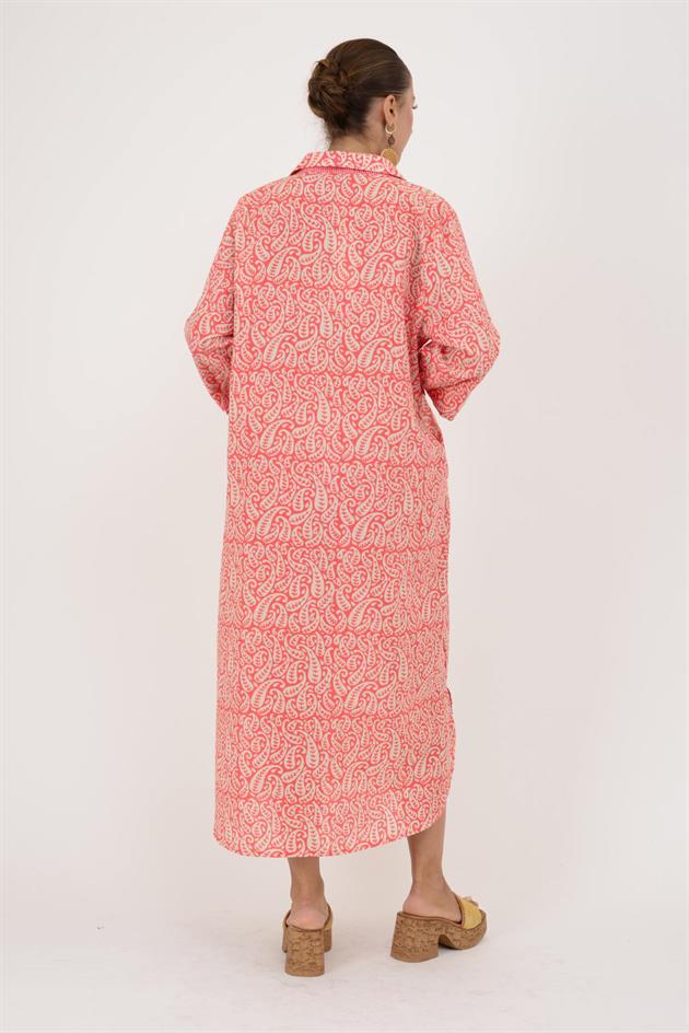 AN113 MARIN GARNİ DETAYLI ŞAL DESEN GÖMLEK ELBİSE