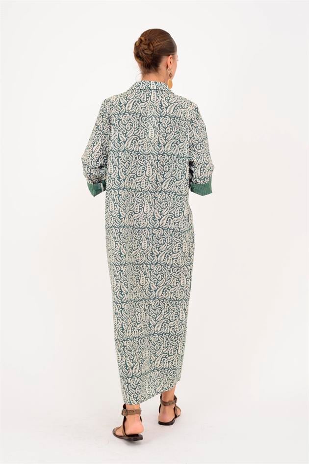 AN113 MARIN GARNİ DETAYLI ŞAL DESEN GÖMLEK ELBİSE