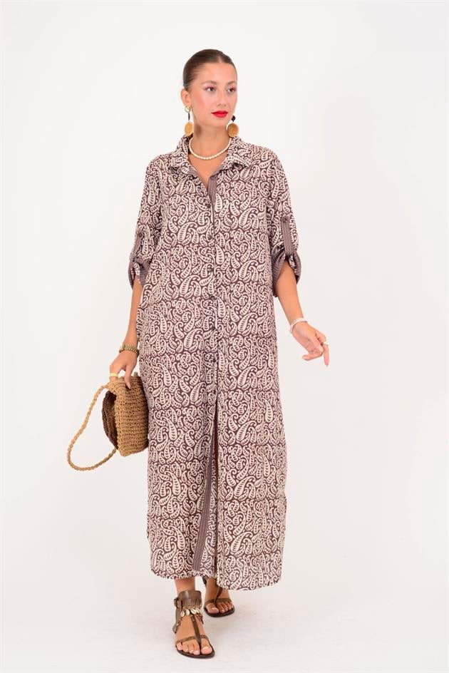 AN113 MARIN GARNİ DETAYLI ŞAL DESEN GÖMLEK ELBİSE