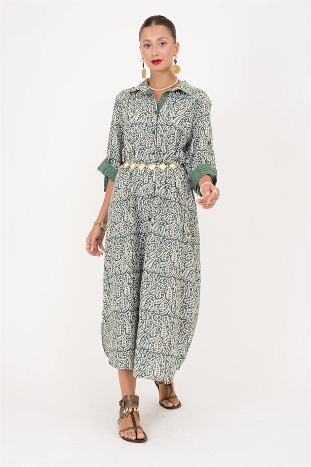 AN113 MARIN GARNİ DETAYLI ŞAL DESEN GÖMLEK ELBİSE