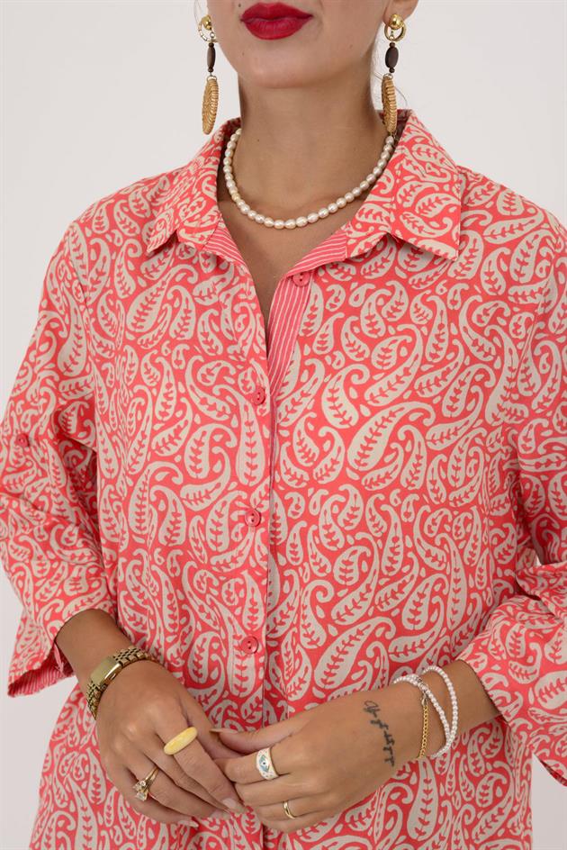 AN113 MARIN GARNİ DETAYLI ŞAL DESEN GÖMLEK ELBİSE