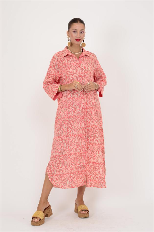 AN113 MARIN GARNİ DETAYLI ŞAL DESEN GÖMLEK ELBİSE