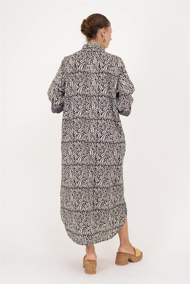 AN113 MARIN GARNİ DETAYLI ŞAL DESEN GÖMLEK ELBİSE