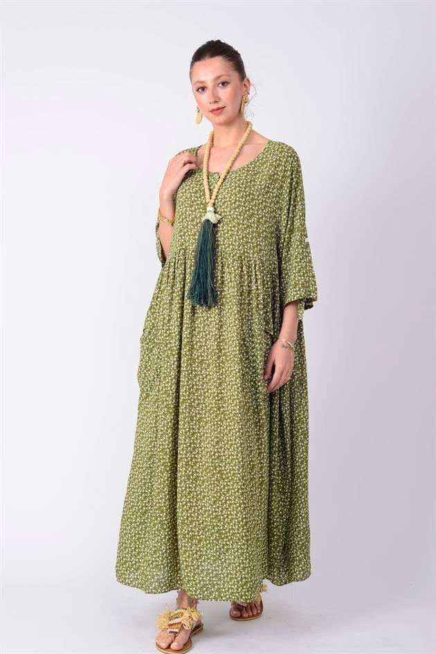 AN164 ÜÇ DÜĞMELİ ÇITIR ÇİÇEK DESEN ELBİSE