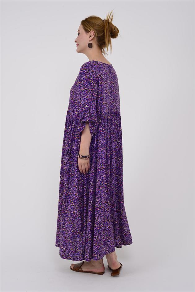 AN164 ÜÇ DÜĞMELİ ÇITIR ÇİÇEK DESEN ELBİSE