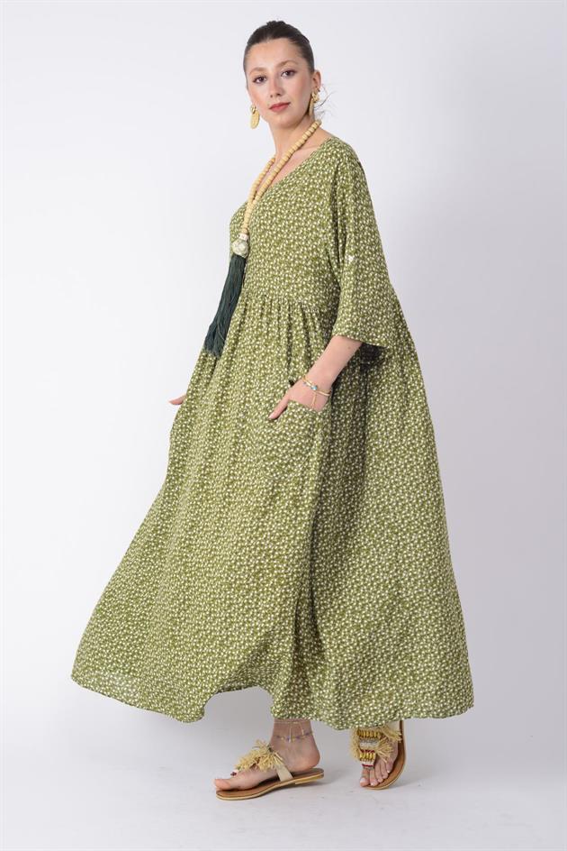 AN164 ÜÇ DÜĞMELİ ÇITIR ÇİÇEK DESEN ELBİSE