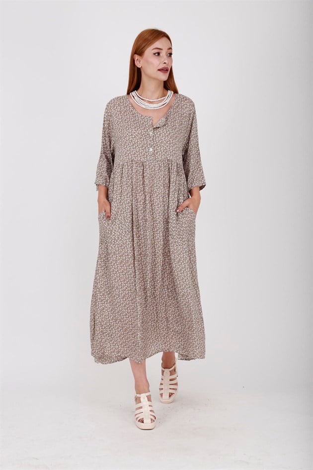 AN164 ÜÇ DÜĞMELİ ÇITIR ÇİÇEK DESEN ELBİSE