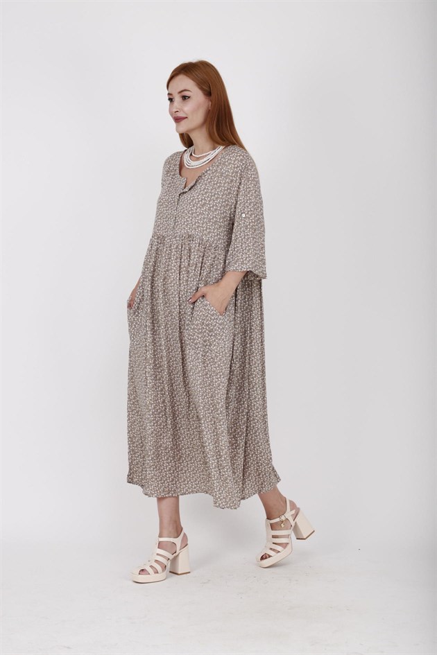 AN164 ÜÇ DÜĞMELİ ÇITIR ÇİÇEK DESEN ELBİSE