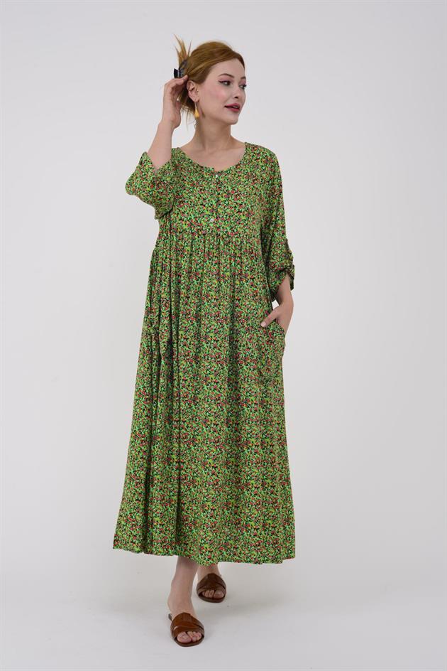 AN164 ÜÇ DÜĞMELİ ÇITIR ÇİÇEK DESEN ELBİSE