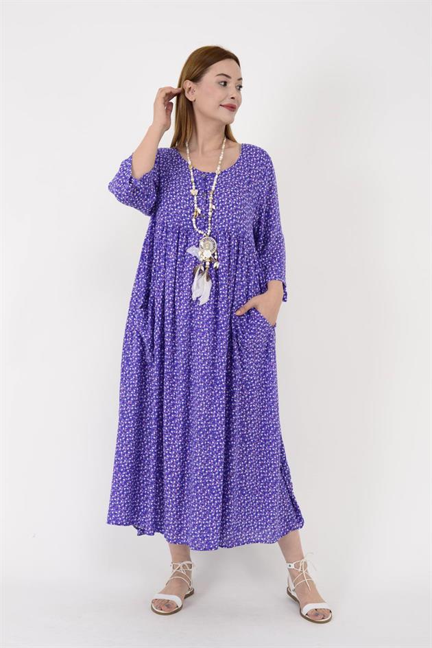 AN164 ÜÇ DÜĞMELİ ÇITIR ÇİÇEK DESEN ELBİSE