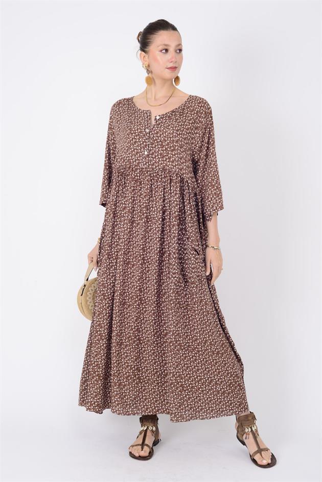 AN164 ÜÇ DÜĞMELİ ÇITIR ÇİÇEK DESEN ELBİSE