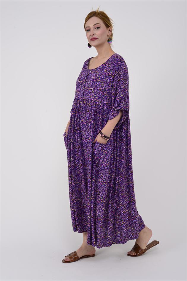 AN164 ÜÇ DÜĞMELİ ÇITIR ÇİÇEK DESEN ELBİSE