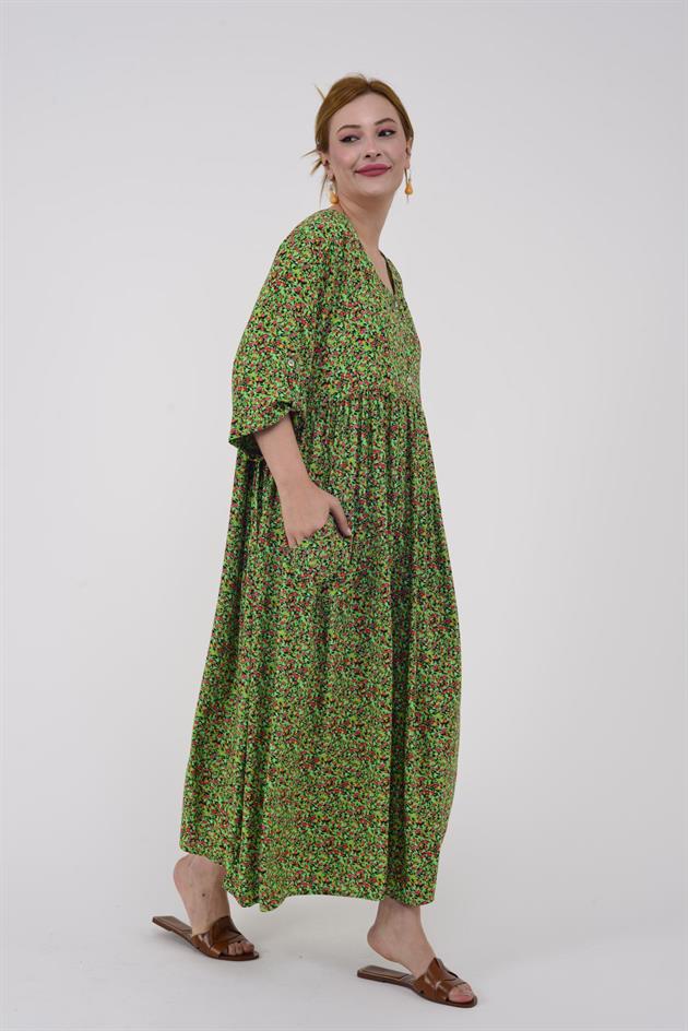 AN164 ÜÇ DÜĞMELİ ÇITIR ÇİÇEK DESEN ELBİSE