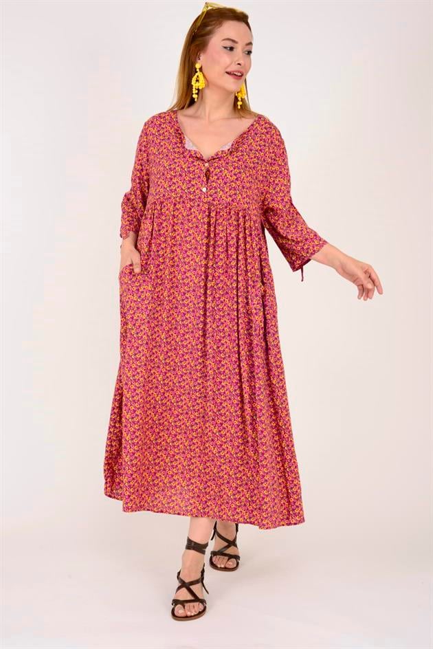 AN164 ÜÇ DÜĞMELİ ÇITIR ÇİÇEK DESEN ELBİSE