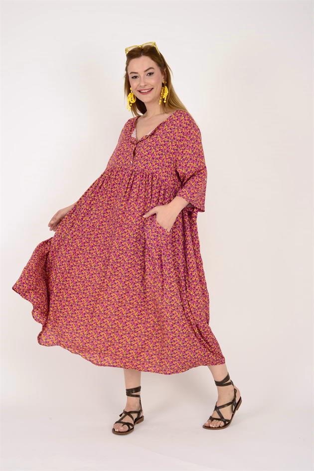 AN164 ÜÇ DÜĞMELİ ÇITIR ÇİÇEK DESEN ELBİSE