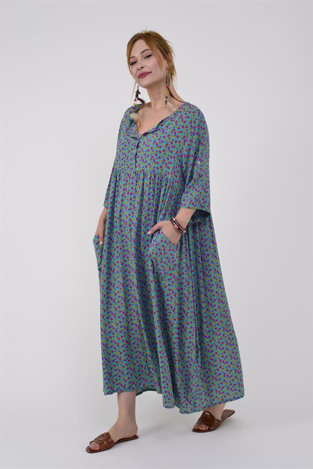 AN164 ÜÇ DÜĞMELİ ÇITIR ÇİÇEK DESEN ELBİSE