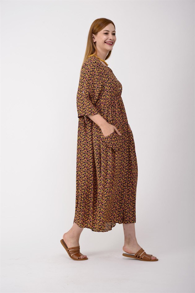 AN164 ÜÇ DÜĞMELİ ÇITIR ÇİÇEK DESEN ELBİSE