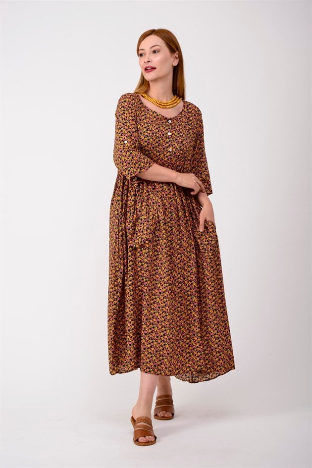 AN164 ÜÇ DÜĞMELİ ÇITIR ÇİÇEK DESEN ELBİSE