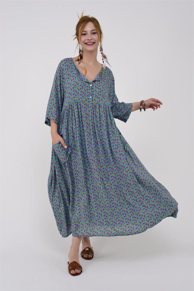 AN164 ÜÇ DÜĞMELİ ÇITIR ÇİÇEK DESEN ELBİSE