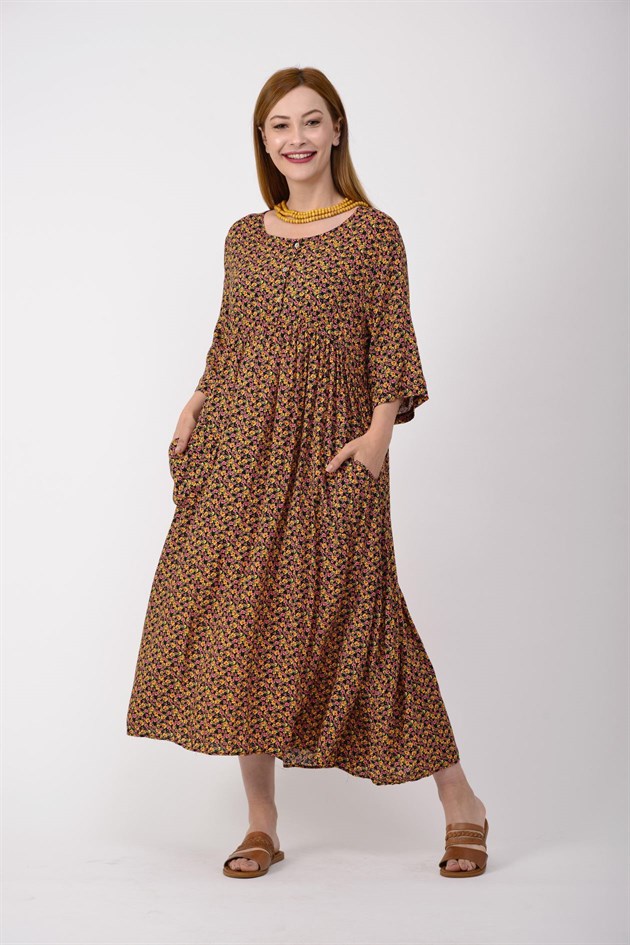 AN164 ÜÇ DÜĞMELİ ÇITIR ÇİÇEK DESEN ELBİSE