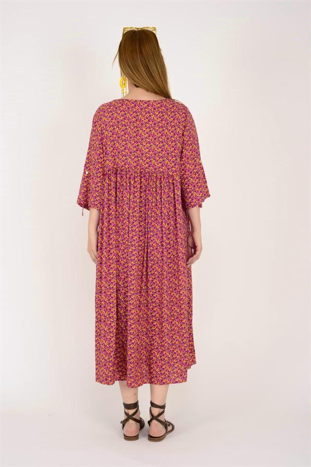 AN164 ÜÇ DÜĞMELİ ÇITIR ÇİÇEK DESEN ELBİSE