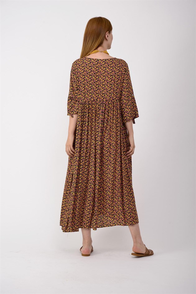 AN164 ÜÇ DÜĞMELİ ÇITIR ÇİÇEK DESEN ELBİSE
