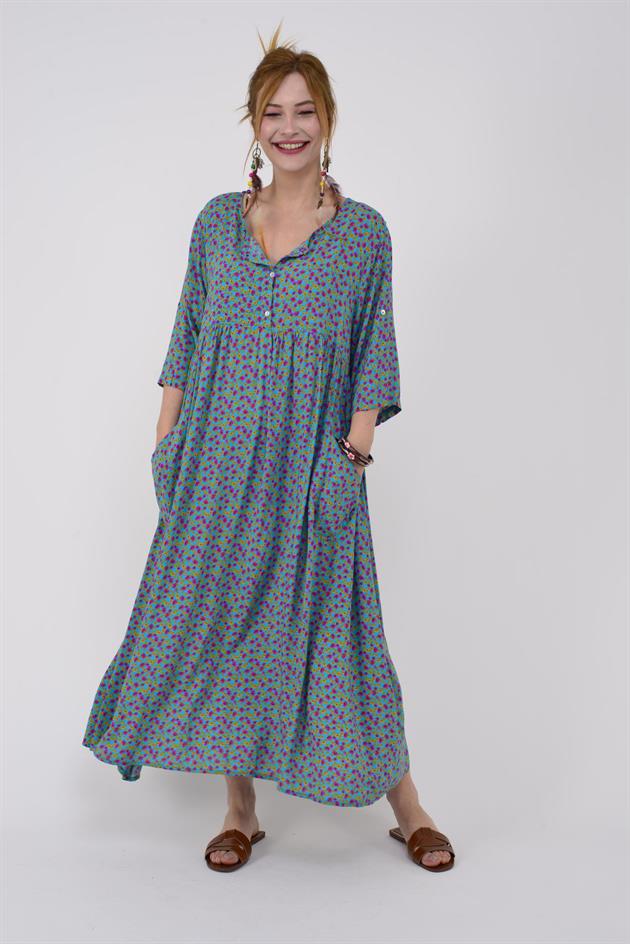 AN164 ÜÇ DÜĞMELİ ÇITIR ÇİÇEK DESEN ELBİSE