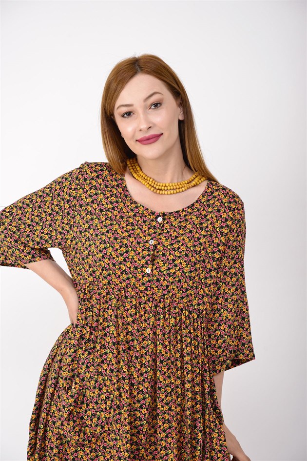 AN164 ÜÇ DÜĞMELİ ÇITIR ÇİÇEK DESEN ELBİSE