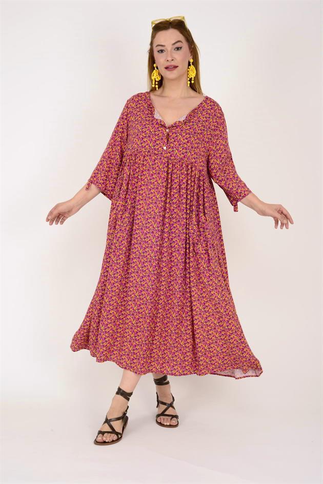 AN164 ÜÇ DÜĞMELİ ÇITIR ÇİÇEK DESEN ELBİSE