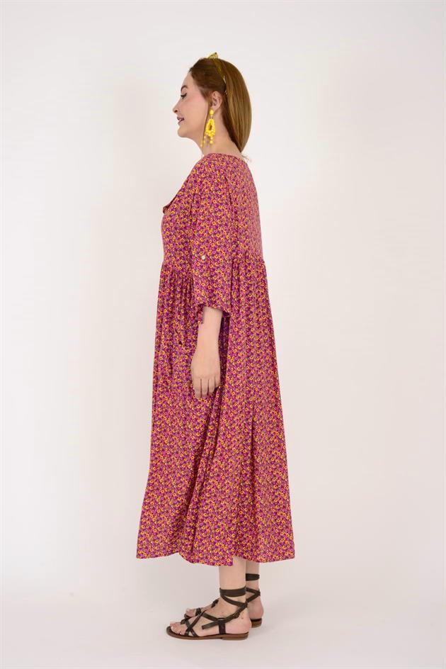 AN164 ÜÇ DÜĞMELİ ÇITIR ÇİÇEK DESEN ELBİSE