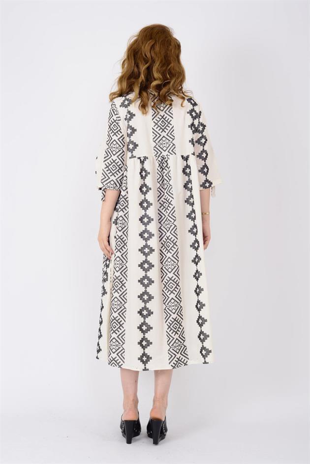 AN164 GEOMETRİK DESEN ÜÇ DÜĞMELİ ELBİSE